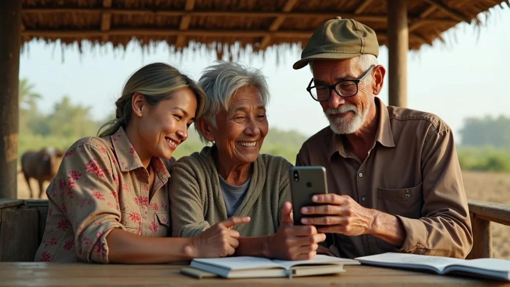 Young farmer teaching elderly couple digital literacy with embedded finance agriculture app in rural village