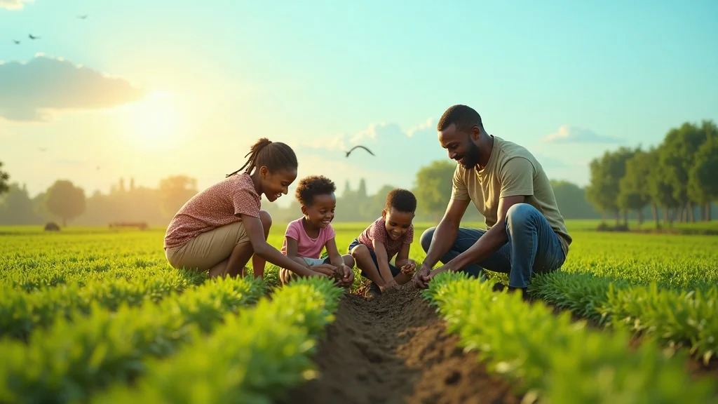 Hopeful African farmer and family, planting seeds together on fertile farmland; representing participation in seed sector and benefits of inclusive seed certification laws Africa.