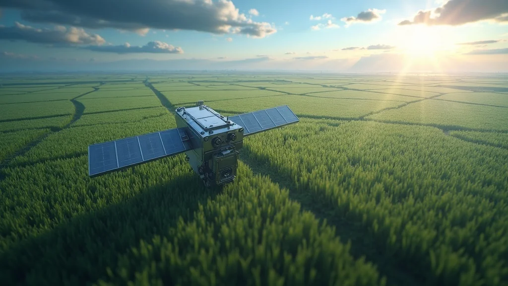 ndvi satellite crop monitoring 2026: High-tech satellite in orbit imaging vast segmented crop field, ultra-realistic detail