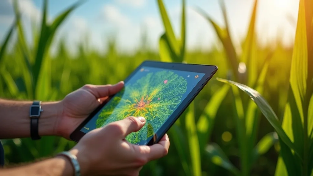 digital crop insurance satellite AI 2026 with touchscreen device displaying high-res crop health satellite imagery in connected field