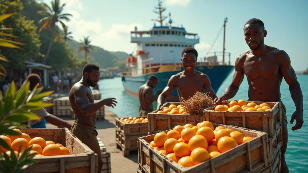 Vivid Caribbean port scene showing Caribbean workers loading cargo containers of agricultural goods like sugar and fresh fruit onto a ship, illustrating agricultural trade tariffs Caribbean, with tropical plants and busy docks in sharp detail