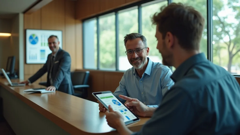 Farmers and agricultural lenders reviewing AI-driven farm assessment data in a modern digital bank office for AI loan for agriculture
