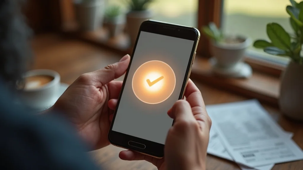 Hands holding approved digital loan notification on smartphone with farm sales receipts, symbolizing secure agricultural credit digital lending approval