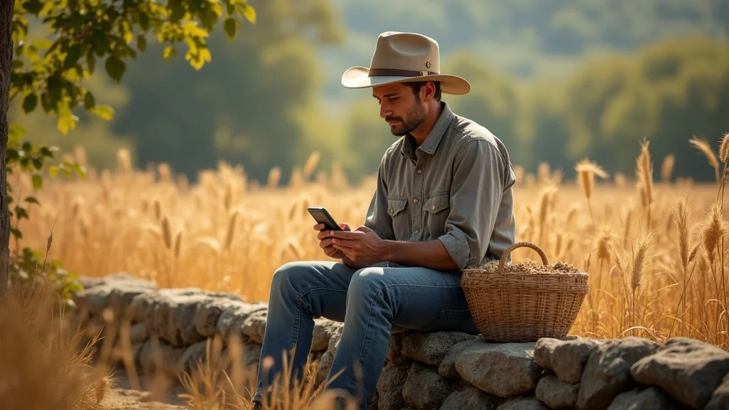 Pensive farmer checking embedded finance agriculture 2026 notifications in post-harvest field