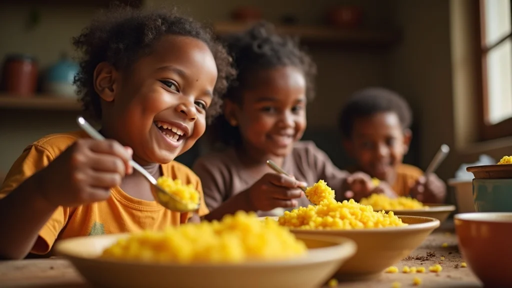 Smiling African children eating golden rice at home, highlighting nutritional impact of genetically modified organisms in africa