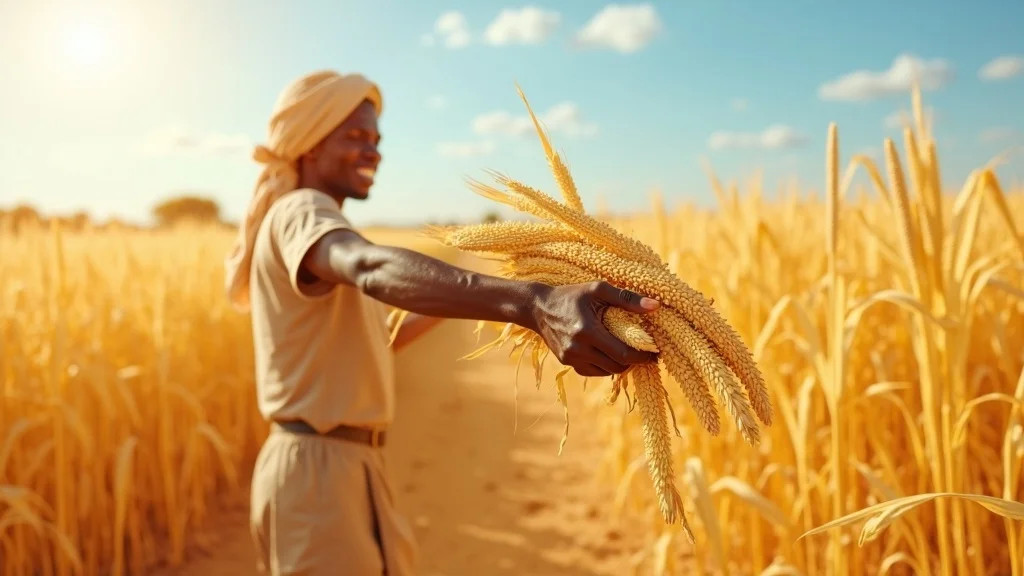 African farmer harvesting drought-tolerant maize with healthy yield in arid field, showing resilience under gmo policy regulations africa