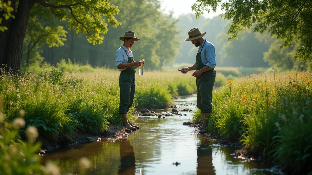 Environmental advocate and farmer sampling water in a riverside farm, focused on balancing clean water with agricultural water needs