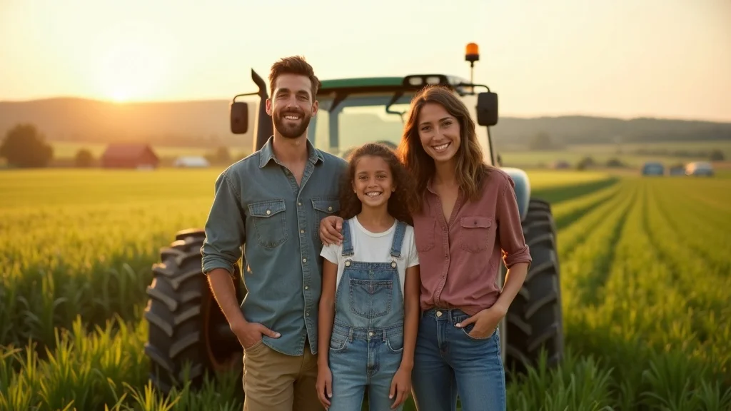 Vibrant rural American farmland: a hopeful farm family standing next to a modern tractor in green, sprawling fields with visible cover crops, emphasizing carbon credits agriculture policy and rural economic growth under warm morning light.