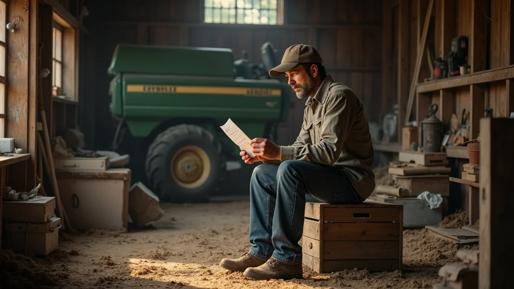 Concerned local farmer in a barn surrounded by rising equipment costs, highlighting financial challenges of import restrictions food security for agricultural producers.