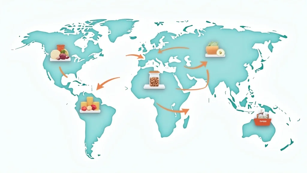 Infographic showing global food import flows and food security restrictions, with customs inspection symbols and packaging icons on a world map background, emphasizing import restrictions food security policy impact worldwide.