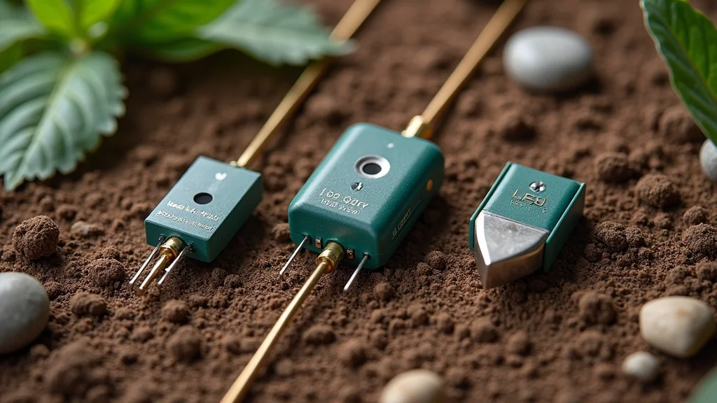 agriculture sensor: Comparative display of soil sensors (ion-selective, dielectric, laser), close-up in studio setting.