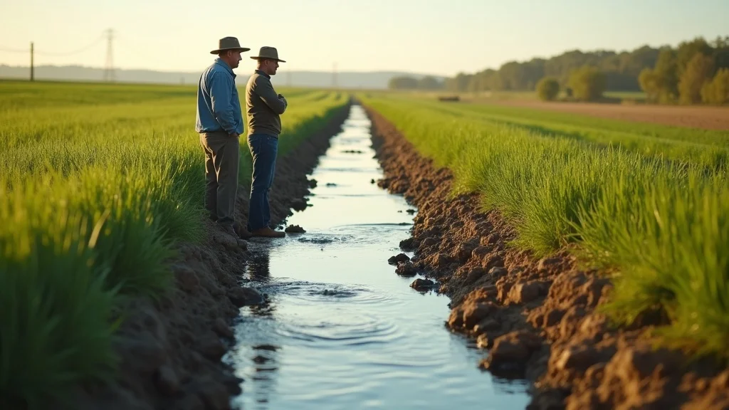 American farm landscape with farmers assessing irrigation canal, engaged in managing water flow as part of water rights agriculture policy