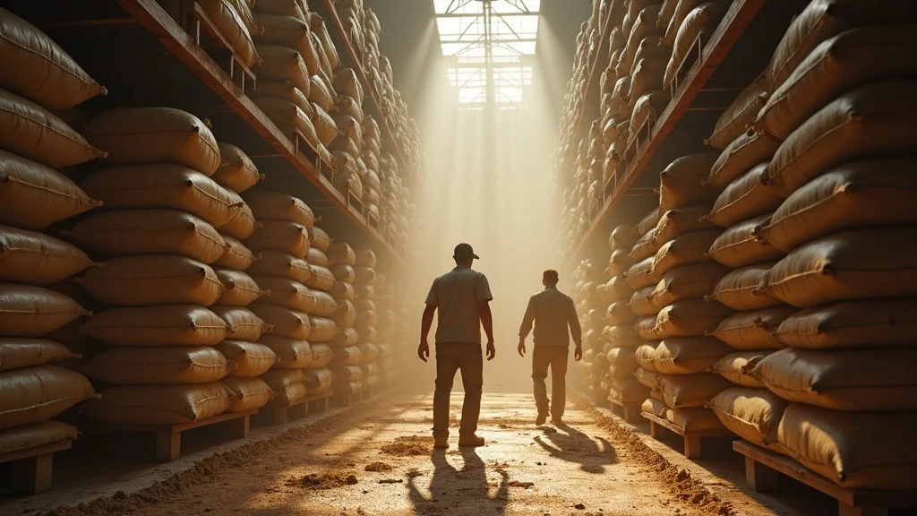 Workers inspecting bulging grain sacks in a warehouse, illustrating regional storage loss and policy needs
