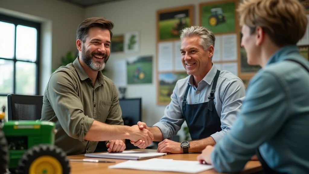 Confident insurance agent shaking hands with a farmer in an agricultural office, symbolizing the integration of crop insurance and government fertilizer subsidy programs.