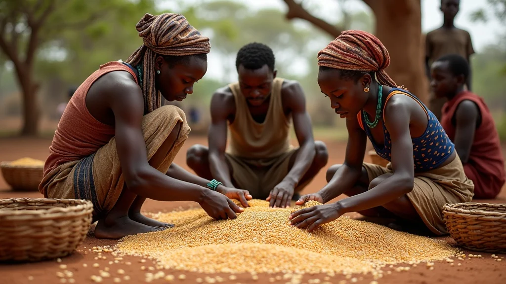 Vibrant African smallholder farmers sorting seeds as part of seed certification laws Africa, in a photorealistic rural open-air market scene, collaborating and inspecting grains.