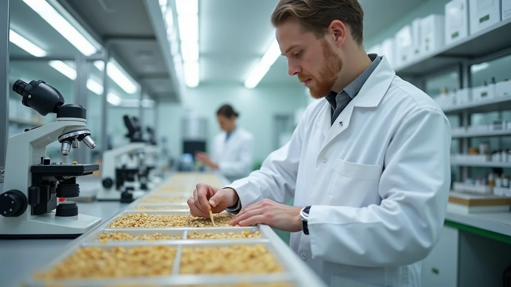 Regional agriculture policy harmonization: Agricultural scientist inspecting seeds in a modern seed certification laboratory.
