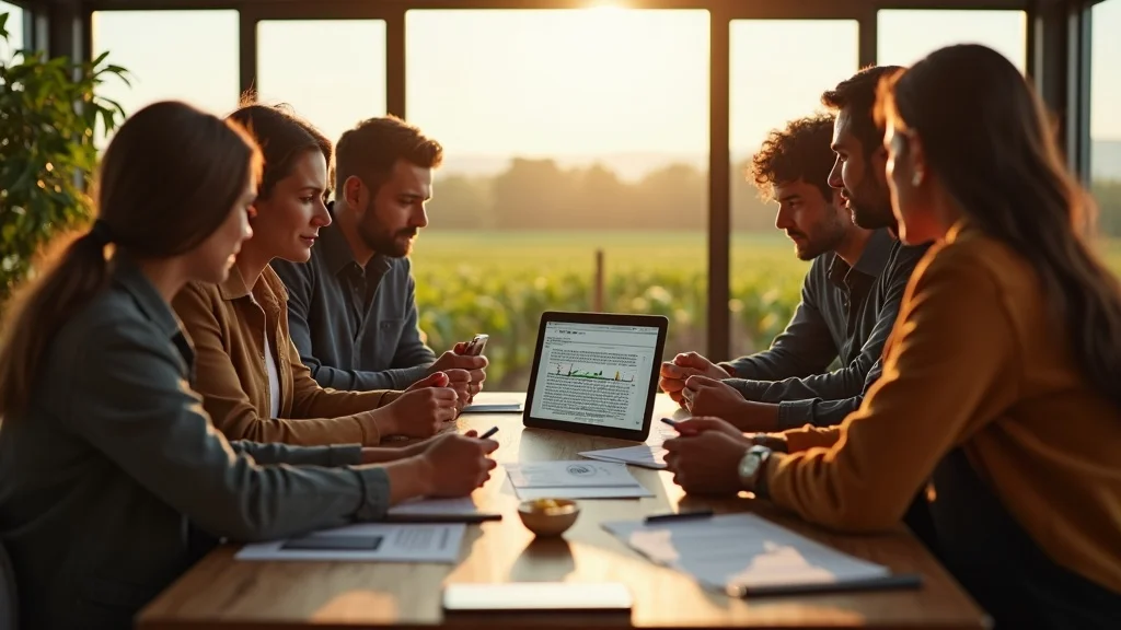 farmers and analysts around a tablet with a blockchain system dashboard in a modern farm office