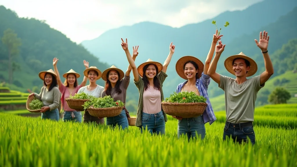 Vibrant group of young Asian farmers celebrating harvest—success of youth agriculture policy incentives