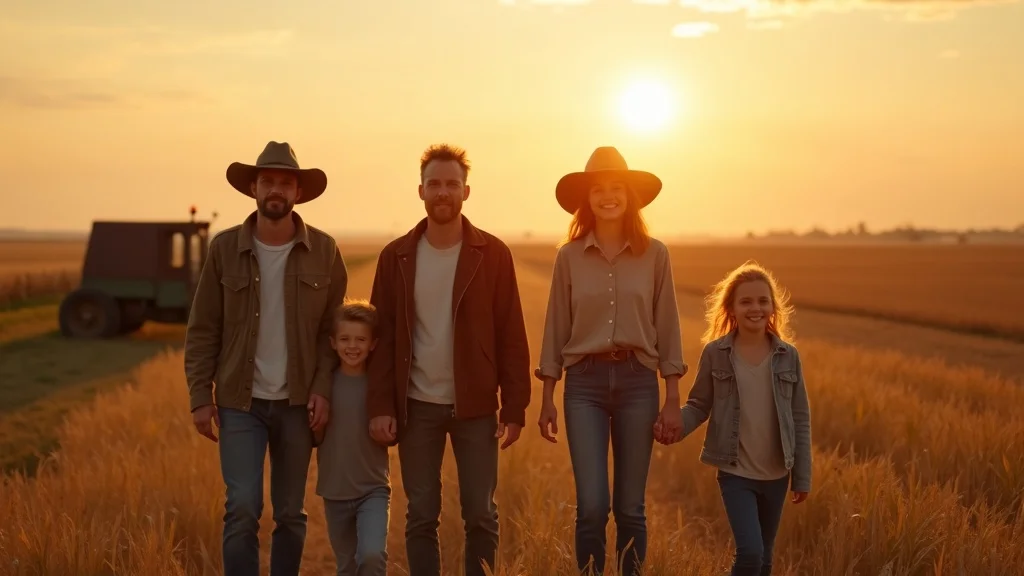 Multi-generational farm family standing at field edge at sunset, embodying the future of water rights agriculture policy