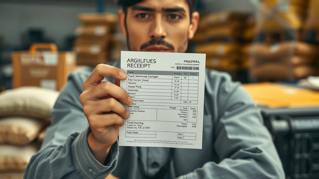 warehouse receipt financing agriculture: professional holding a warehouse receipt over grain bags in a certified warehouse