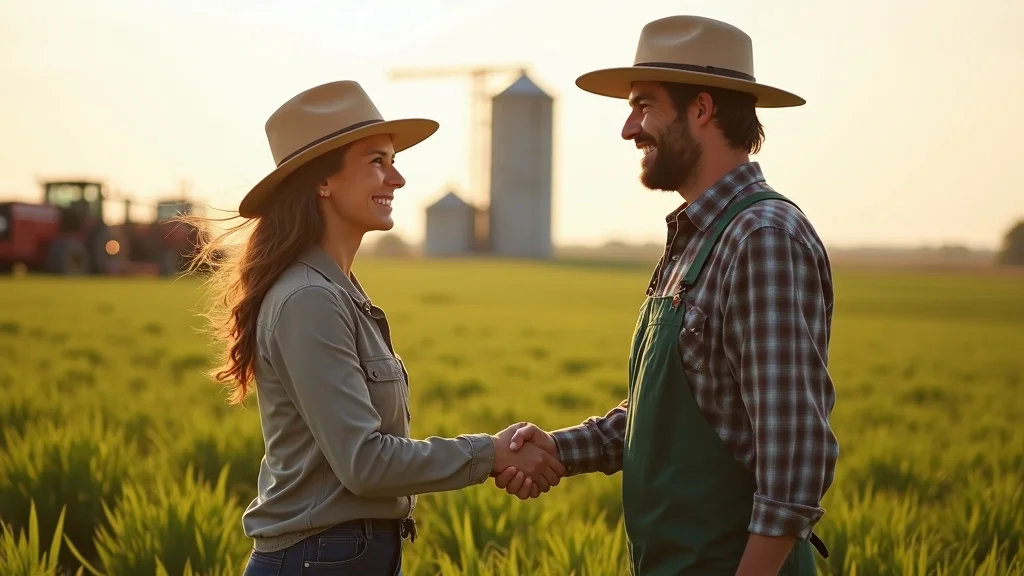A farmer shaking hands with a tech advisor in a thriving field, symbolizing farmers' rights and responsible data policy in agriculture.