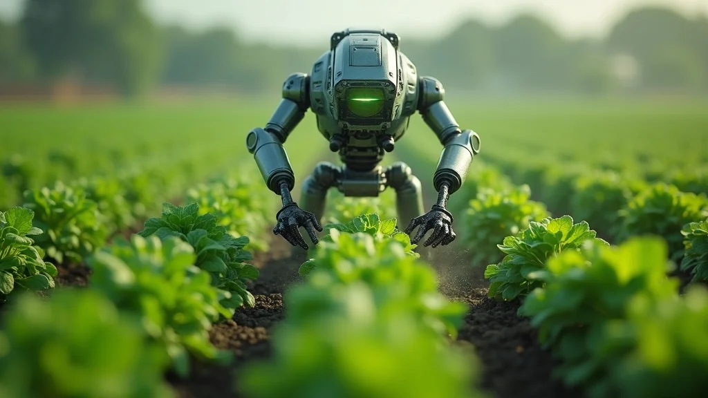 Robotic weeder laser tool operating in green vegetable row field, high micro-detail indicating autonomous equipment accuracy, as used in autonomous tractors robotic farming 2026.