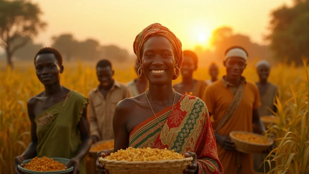 Regional agriculture policy harmonization: African farmers and local leaders celebrating a harvest together.