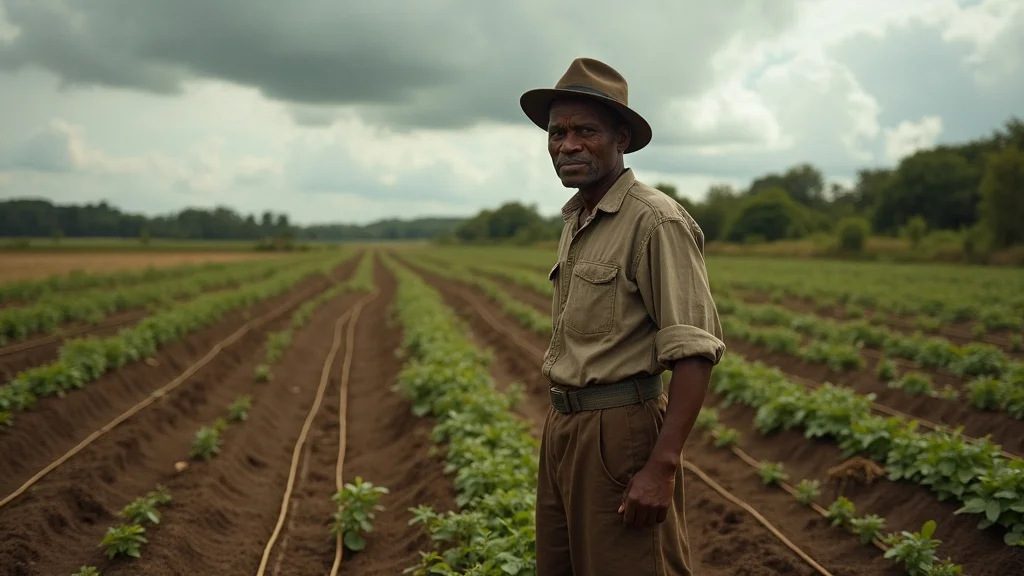 Smallholder farmer reviewing crops in a modest field — agricultural insurance policy developing countries photorealistic rural farmland scene