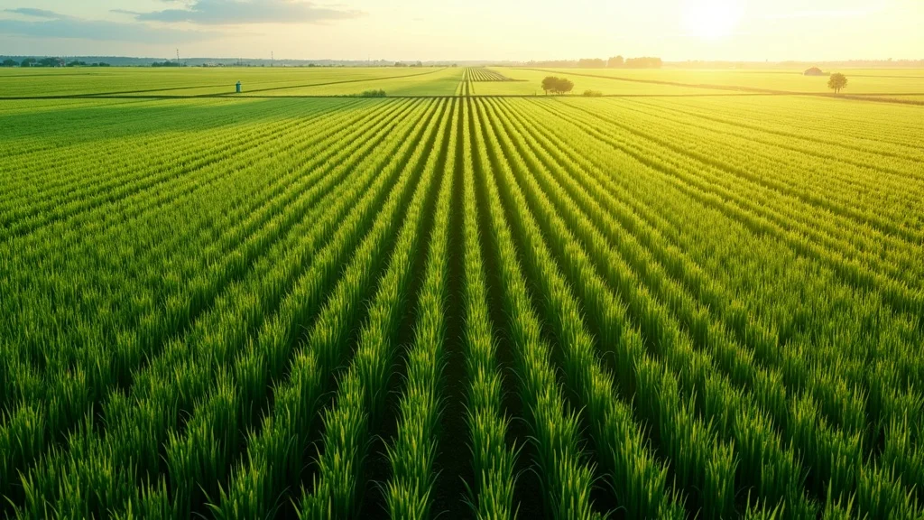 soil sensor: Precision-fertilized row-crop field, greener on one side, IoT sensors visible, sensor-driven input difference.