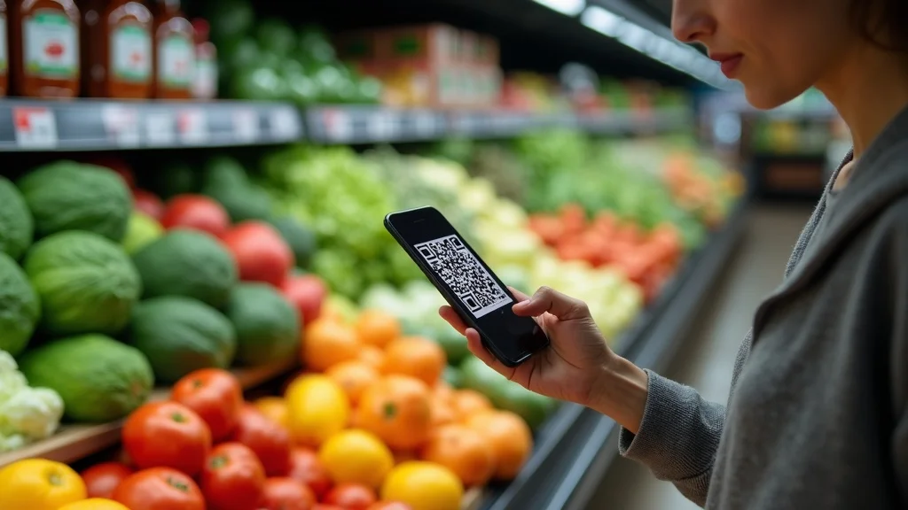 consumer scanning QR code on fresh produce to reveal product sourcing in the food supply chain