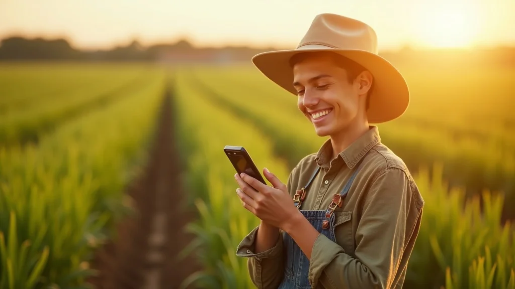 Young farmer using a digital lending app on a smartphone, standing confidently in green crop field, agricultural credit digital lending in action