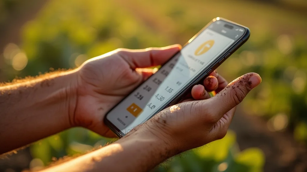 Hands holding smartphone with stablecoin wallet confirmation, farm dirt, harvested crops in background — symbolizing practical field adoption, stablecoins agricultural trade finance 2026.