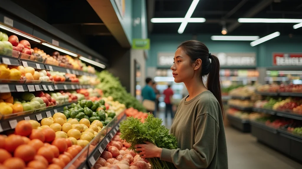 Shopper in modern grocery aisle choosing vegetables, reflecting impacts of water rights agriculture policy on food prices