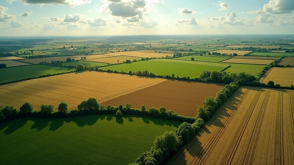 Detailed aerial view of diverse farmland: photorealistic mosaic of fields with visible cover crops, crop rotation, tractors, and hedgerows under bright midday sunlight, highlighting the potential for carbon credits agriculture policy.