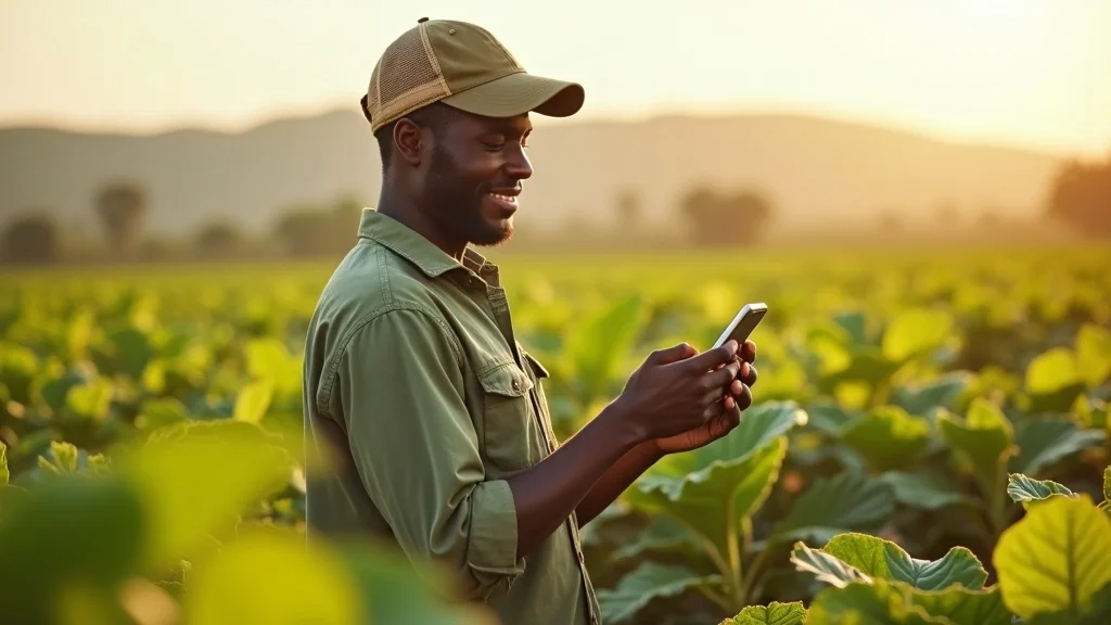 East African smallholder farmer using mobile money farm payments Africa in green crop field