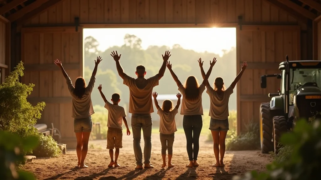 Happy multi-generational farming family in modern barn, celebrating with new equipment, symbolizing success from agricultural credit digital lending