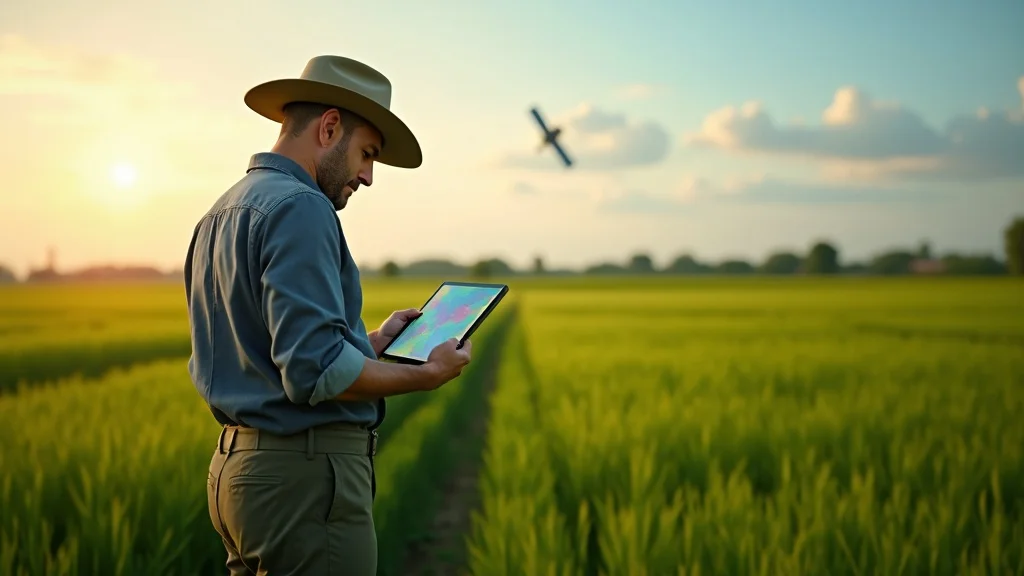 ndvi satellite crop monitoring 2026: Farmer with NDVI heatmap tablet in vibrant green field, satellite in sky
