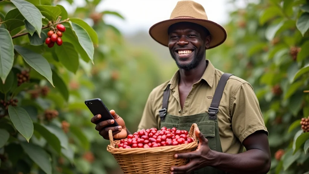 Ugandan coffee farmer using mobile money farm payments in lush coffee plantation