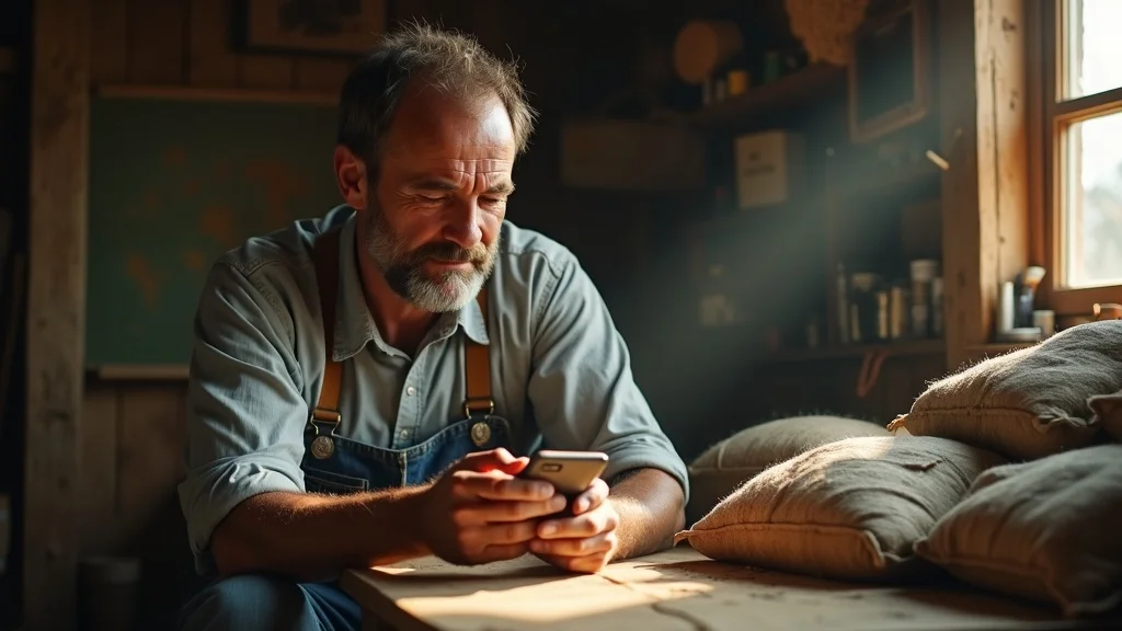 Middle-aged farmer in farmhouse using embedded finance agriculture app for crop insurance
