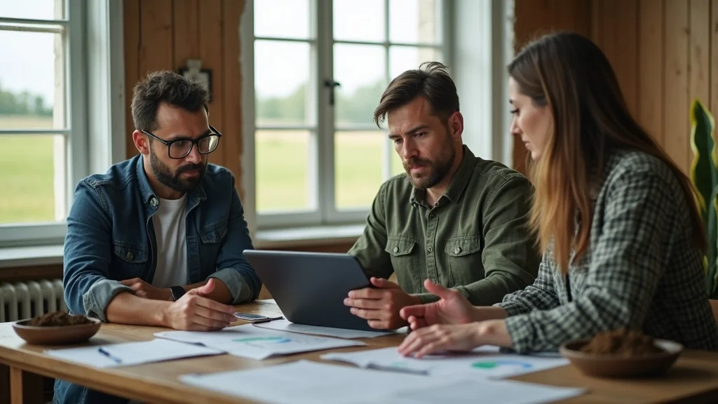 Professional farmer and consultant in a bright office reviewing carbon credits agriculture policy details on a tablet with paperwork and field view, illustrating the consultative process for voluntary carbon market participation.