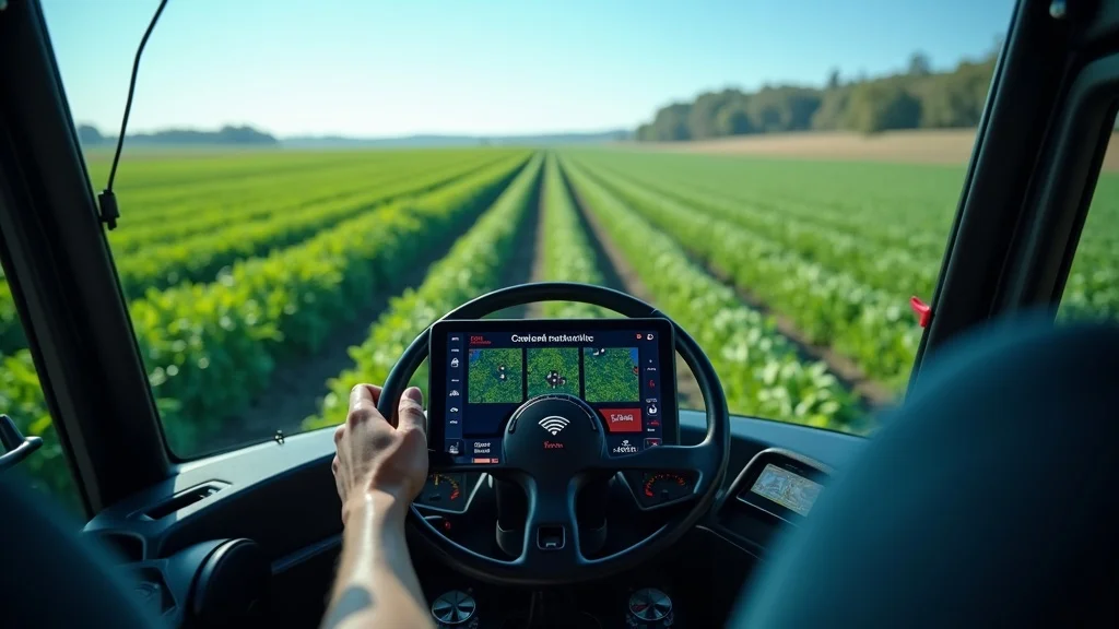 precision ag: Tractor cab dashboard with variable-rate input map, IoT sensors posts in field, precision agriculture display.