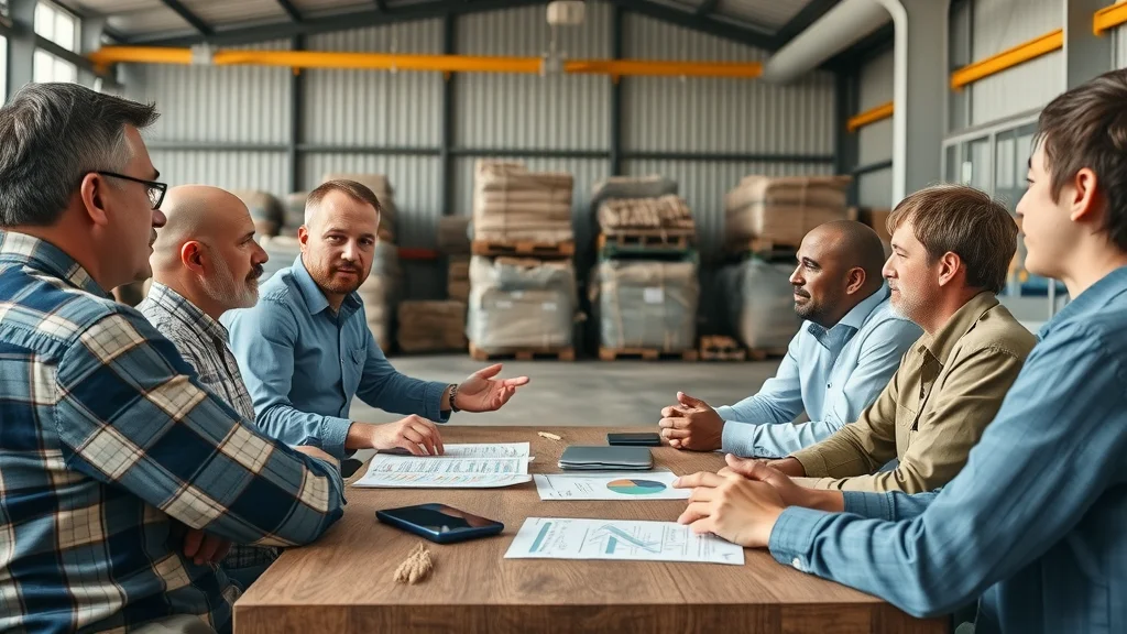 warehouse receipt financing agriculture: banker and farmers discussing loans in a cooperative near a certified warehouse