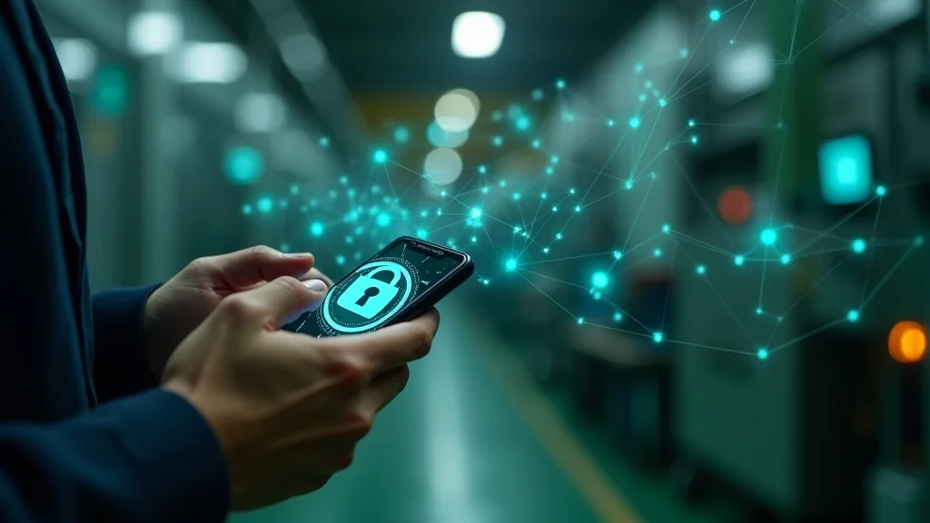 Secure blockchain network for agricultural supply chain, close-up on mobile devices with digital asset dashboards and safeguard icons in a processing facility with farm assets and processing machinery, photorealistic detail