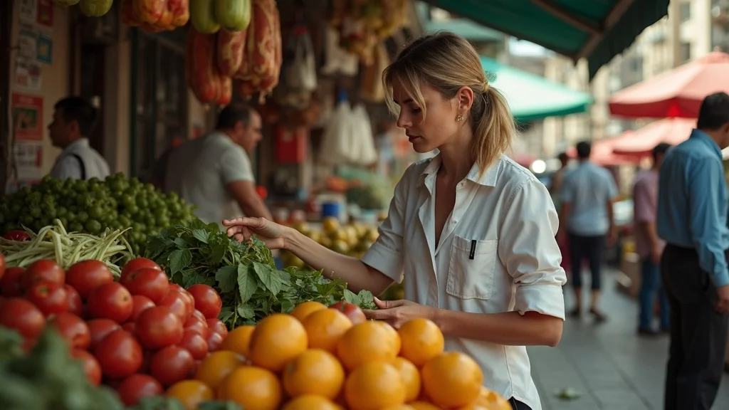 food safety inspector examining produce at a busy market amid supply chain breakdowns