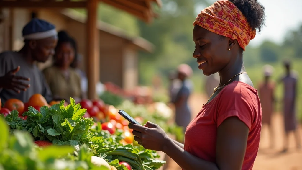 Empowered African woman making a mobile money farm payment at local market