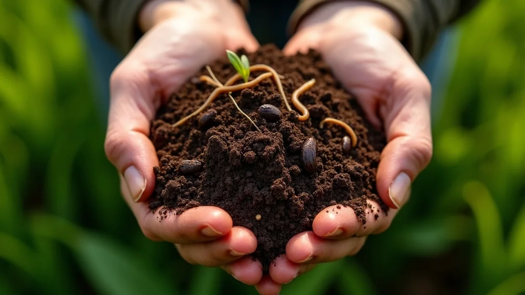 Macro view: hands holding rich organic soil with visible roots and earthworms near thriving cover crops, showing farming practices that generate carbon credits for agriculture policy.