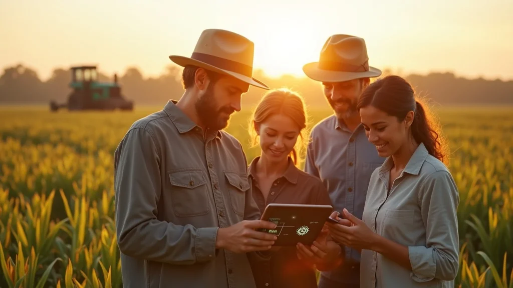 Vibrant agricultural landscape with modern technology, diverse group of farmers and investors examining a digital device showcasing tokenized asset blockchain, set in sunlit farmland with visible crops and high-tech equipment