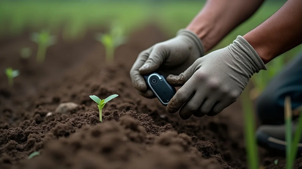 precision farming: Technician calibrating IoT soil sensor at muddy field edge, close up, detailed device.
