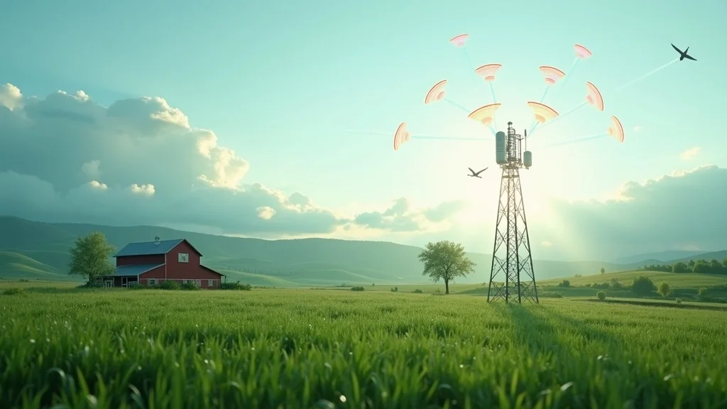 sensor solutions: Farm landscape with IoT sensor nodes and wireless signals to cellular tower, rural backdrop.