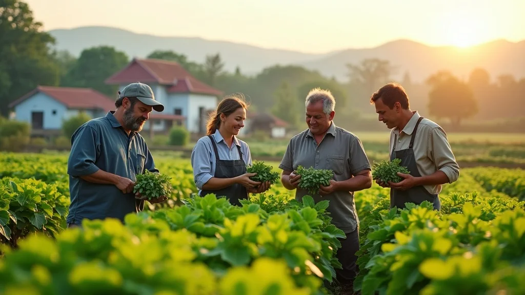 Agricultural cooperative members inspecting crops in a lush green farmland demonstrating the need for policy support
